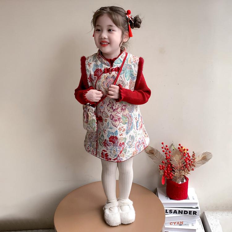 Meng Tang Tang Girls  Winter Qipao Dress Set - Stylish Thickened Chinese New Year Outfit 100cm