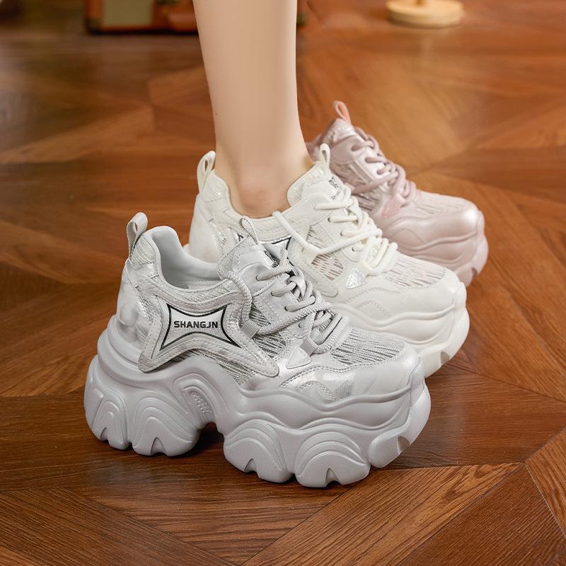 Dad Shoes Girl 2025 Spring New Rhinestone Versatile Casual Shoes Mesh Breathable Sandals Thick Sole Height Increasing Women's Shoes