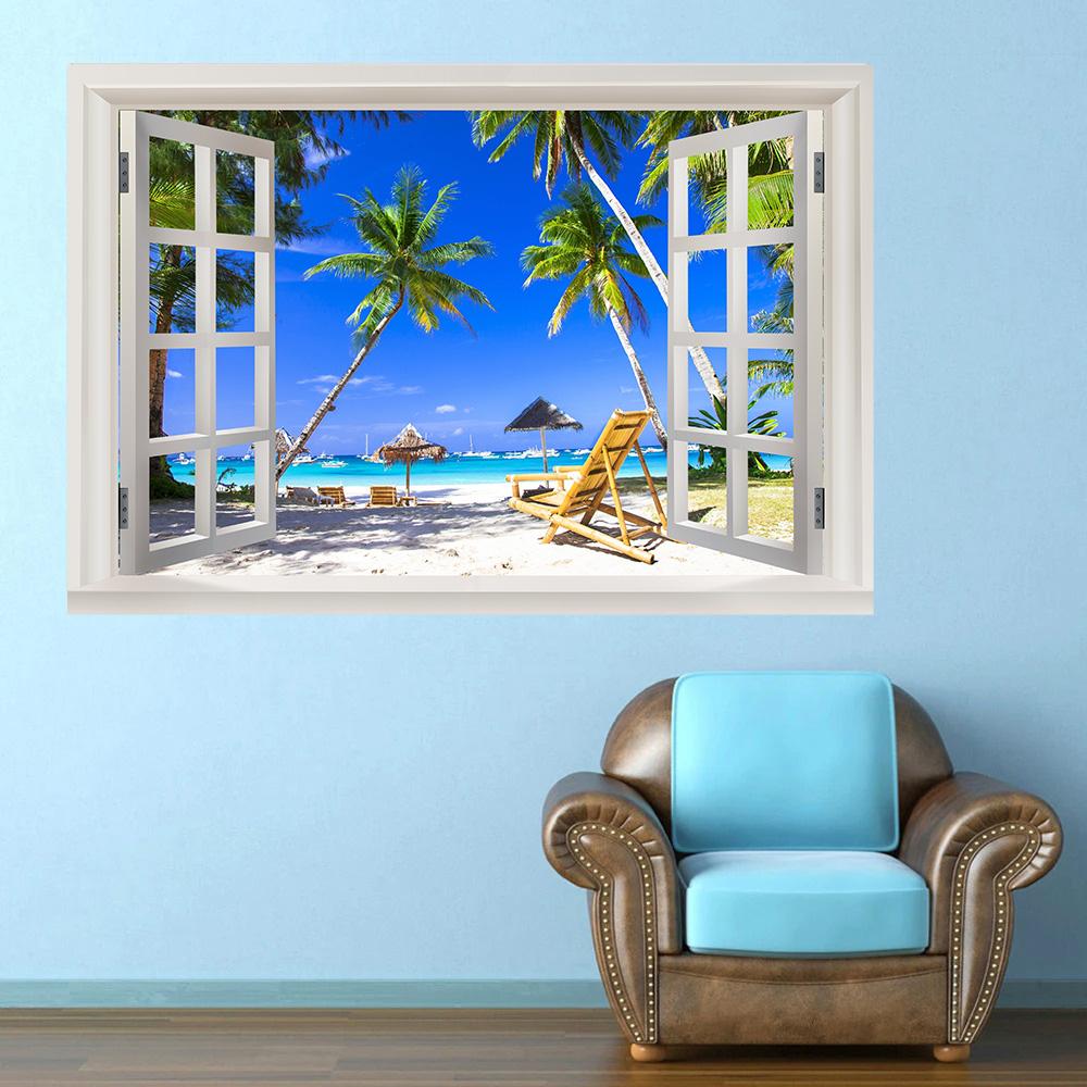 3D Window View Wall Art Beach Summer Beach Coconut Tree Wall Murals Print Art Canvas Poster For Living Room Pictur