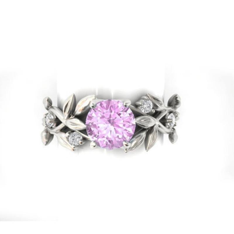 New Women's Silver Plated Olive Leaf Engagement Ring with Blue Pink Green Cubic Zirconia Wedding Band Jewelry