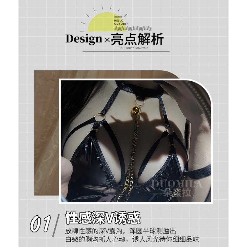 Sex Underwear PU Bright Leather SM Chain Bondage Binding Hollow Patent Leather Tight Dress Set Women's Hair