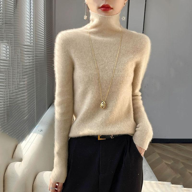 Womens Turtleneck Knitted Sweater Long Sleeved Slim Fit Elastic Ribbed Jumper Female Autumn Winter Basic Sweaters and Pullover