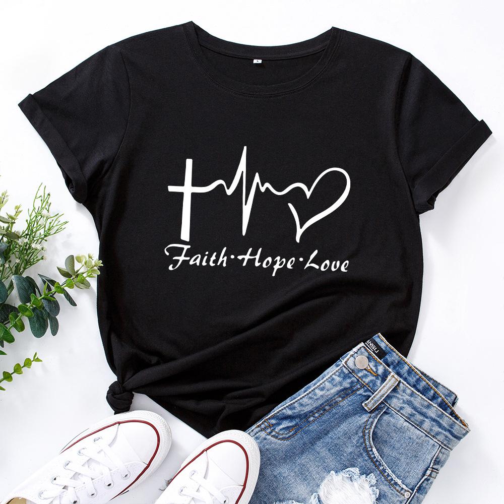 Faith Creative Alphabet Cotton T-Shirt Short Sleeve Round Neck Women 2d Print Tops