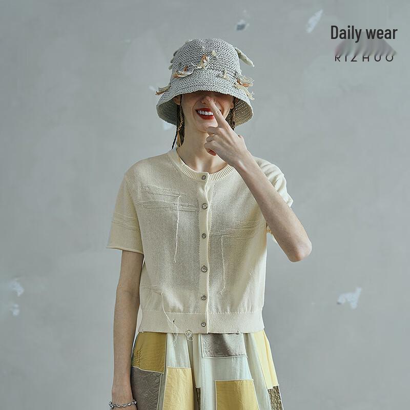 Rizhuo Women s Round Neck Short Sleeve Knit Cardigan S