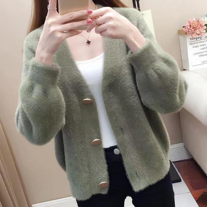 

New Korean Style Faux Mink Knit Women s Short Loose Cardigan Sweater 2XL розовый
