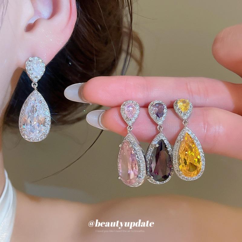 Rich daughter~ Silver needle super flash zircon water drop stud earrings temperament celebrity style earrings light luxury high-end earrings women