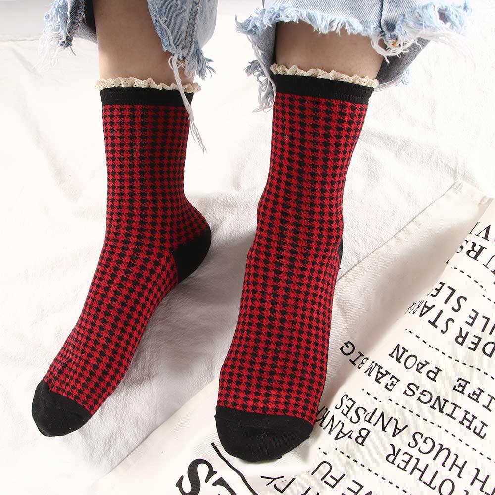 

Wild Lace Female Girls Houndstooth Women Hosiery Lattice Socks Cotton Tube Socks