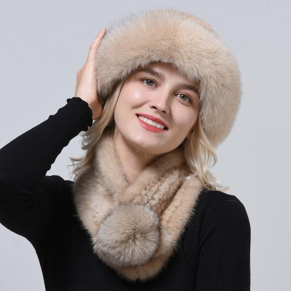 Hot Sale Rex Rabbit Fur Hats Scarf Set Elastic Knitted Winter Hat Women Genuine Warm Fur Caps Luxury Woman Fox Fur Bucket Hat