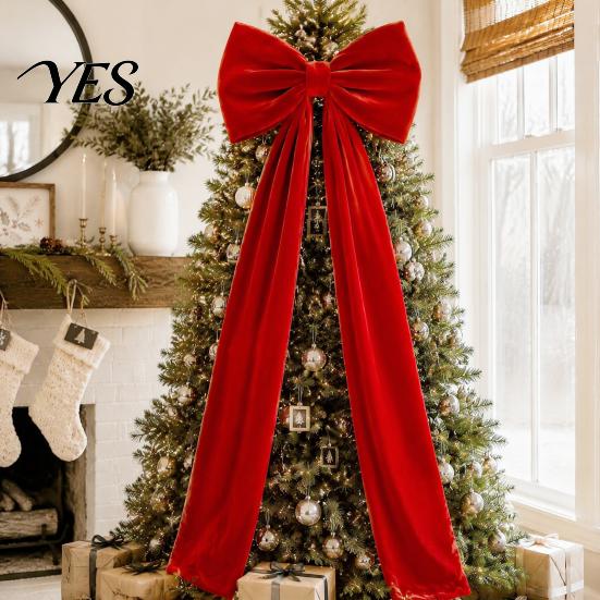 Winter Wedding Celebration Decor Large Velvet Christmas Tree Topper Bow, Giant Bow with Long Red Bows for Fireplace Streamers Room Wall Backdrop,