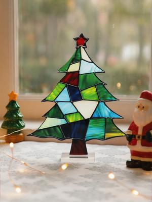 Weihnachts-Acrylbaum Tischdekoration, Buntes Geometrisches Muster mit Roter Stern, Festlicher Xmas-Schmuck für Zuhause, Büro & Party