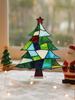 Christmas Acrylic Tree Tabletop Decor, Colorful Geometric Pattern with Red Star, Festive Xmas Ornament for Home, Office & Party