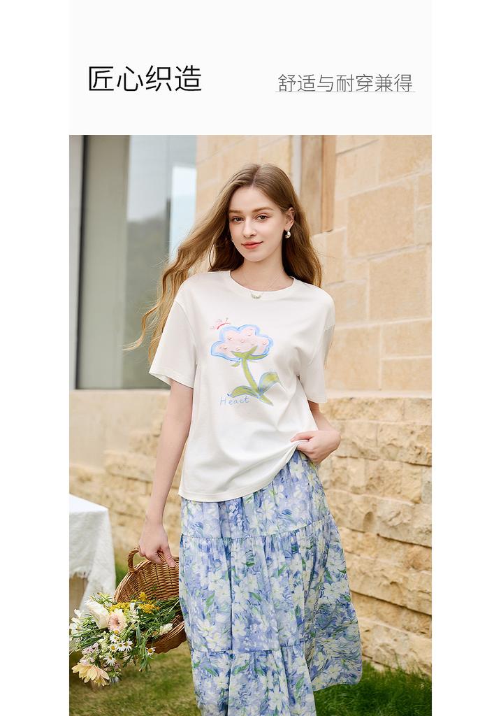 Fragrant Shadow Dopamine Printed White T-shirt for Women, 2026 Summer New Edition, Lyocell Loose Casual Short Sleeve Thin Top