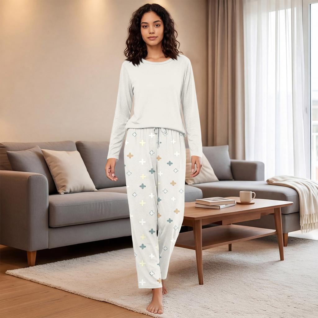 Women's Casual Neck Loose Fit Printed Pajama Set Sleepwear Pants