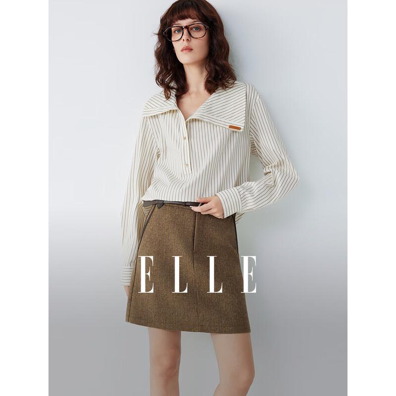 ELLE Women s Coffee Brown Striped Irregular Lapel Shirt L