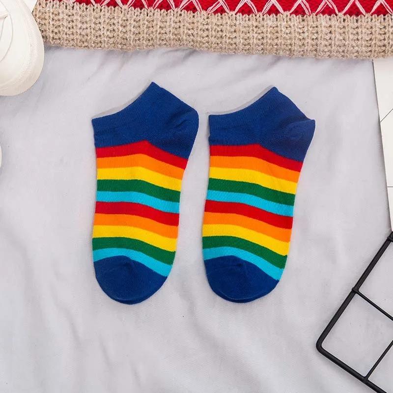 Harajuku Cute Rainbow Ankle Socks Ladies Funny Kawaii Color Yellow White Black Cotton Socks Girls