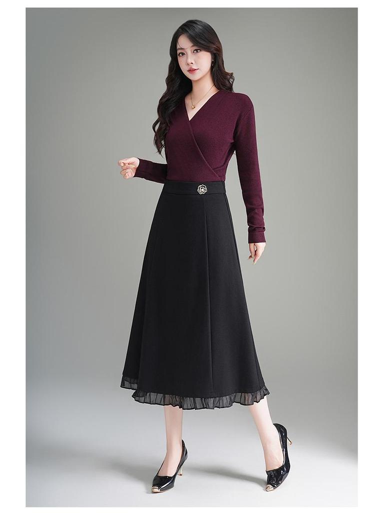 2026 Spring Elegant High Waist A-Line Midi Skirt with Wood Ear Lace Patchwork