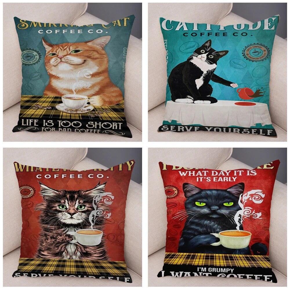 Cute Pet Cartoon Animal Cushion Retro Coffee Cat Pillowcase Decoration Sofa Home Car Pillowcase