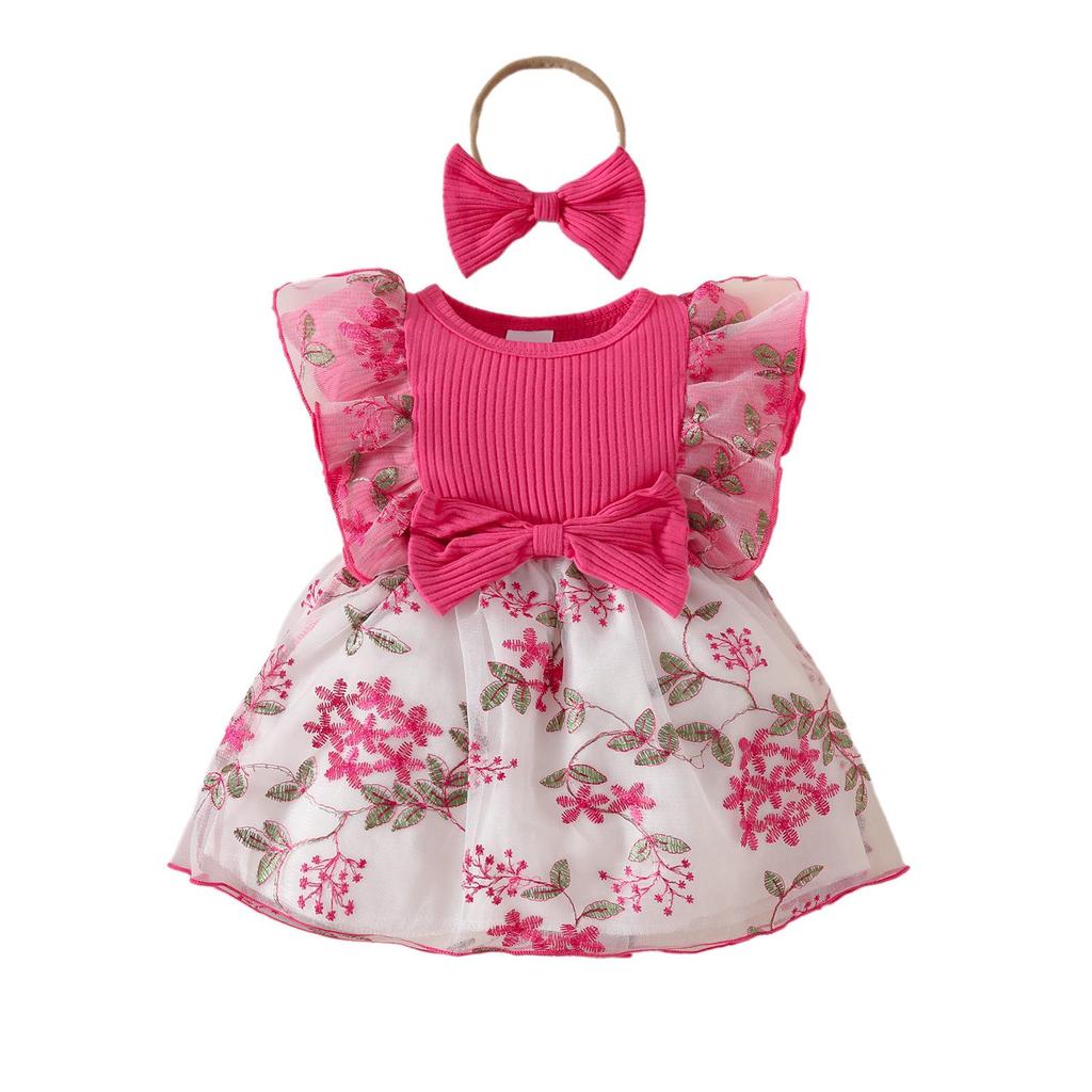 Baby Ruffle Bow Flower Mesh Dress Jumpsuit for 0-2 Years