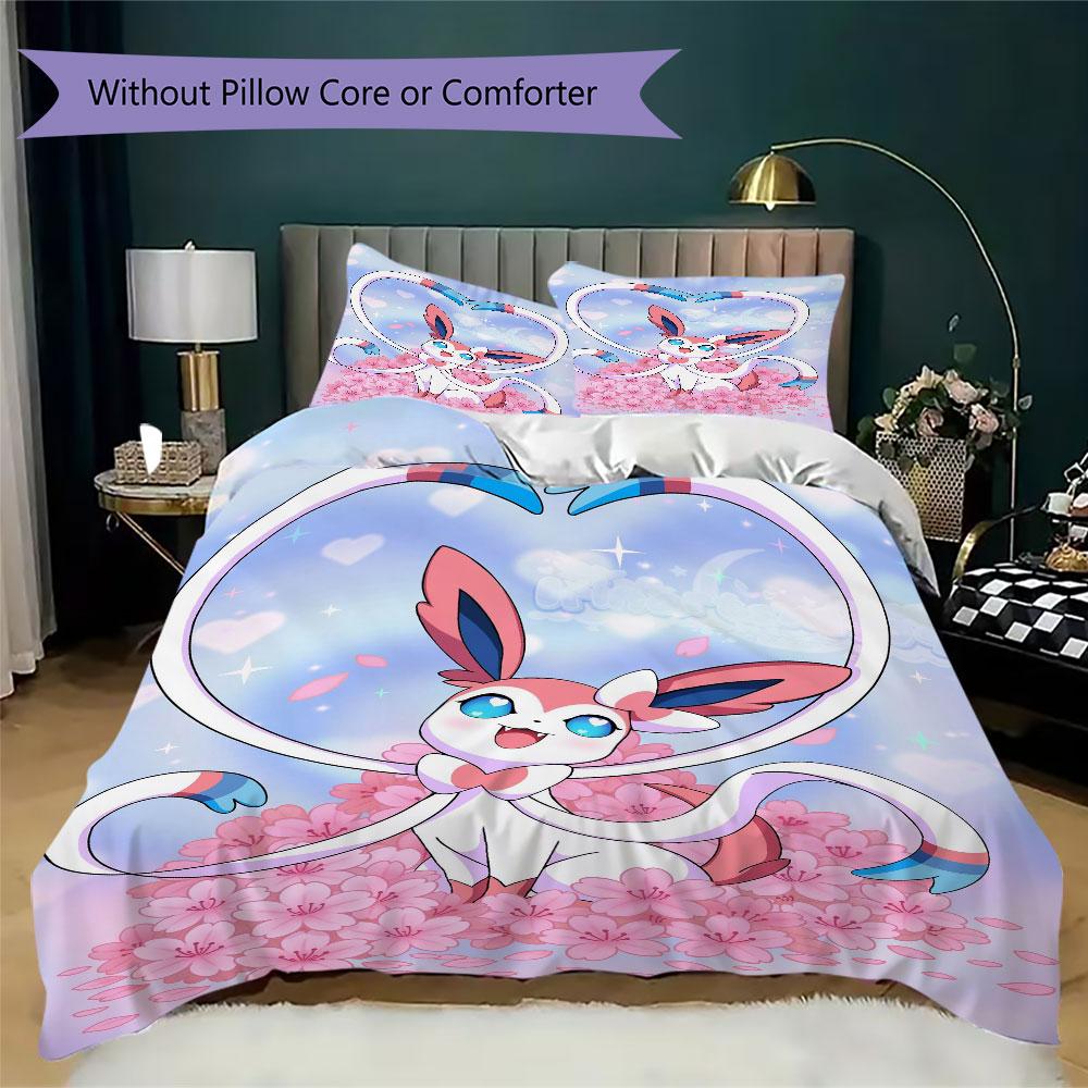 Pink Sylveon Design 3 Piece Bedding Set Cute Pokemon Theme Duvet Cover Pillowcases For Kids Girls Room