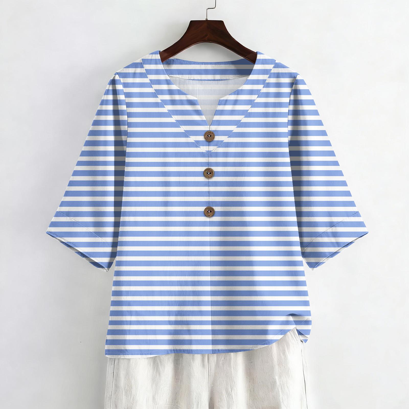 

Women s Summer Fashion V-Neck 3/4 Sleeve Shirt Casual Loose-Fit Striped Print Top XL