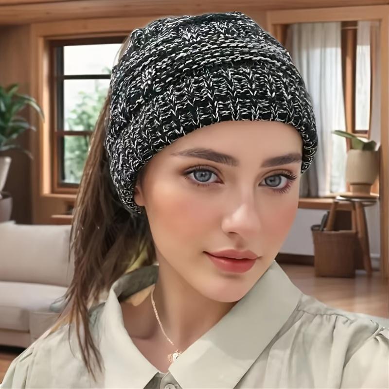 Winter Warmth Lightweight Acrylic Knit Beanie - 1pc Fitted Pull-On Ponytail Cap, Hand Wash Only, Stylish Outdoor Sports Hat for Fall/Winter