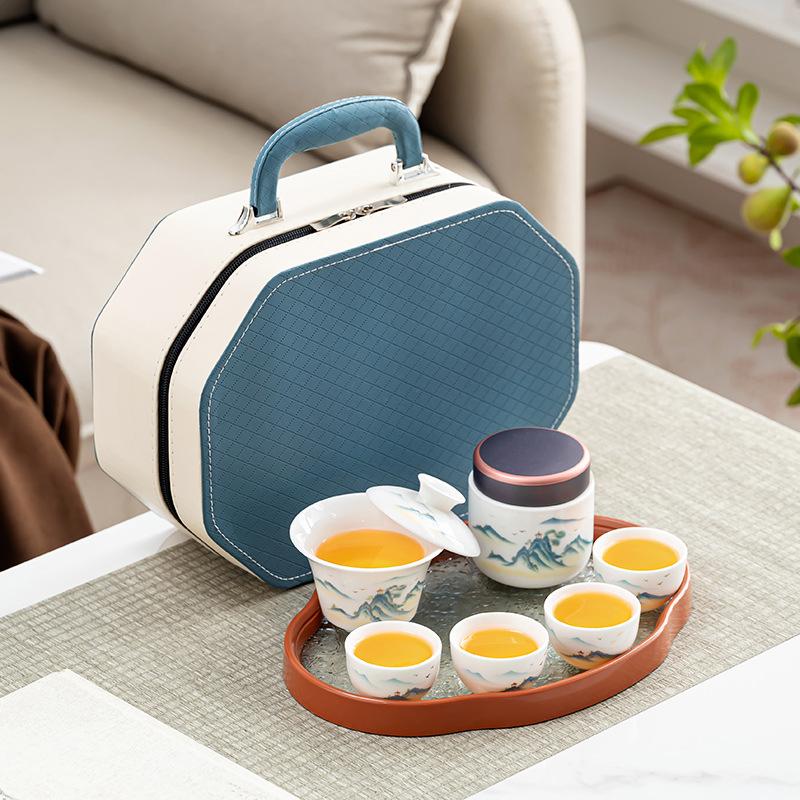 Business Gifts Portable Travel Set Dehua Suet Jade National Style Simple Jinting Landscape Teapot Creative Leather Bag