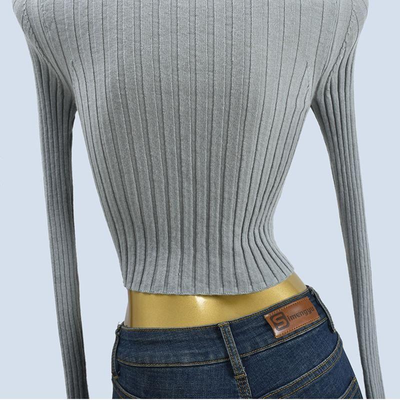 Fall and Winter Six Wool Short Crop Top Sunken Stripe Silm Soft Glutinous High Elastic Half High Collar Long Sleeves Inner Match Slimming Tops