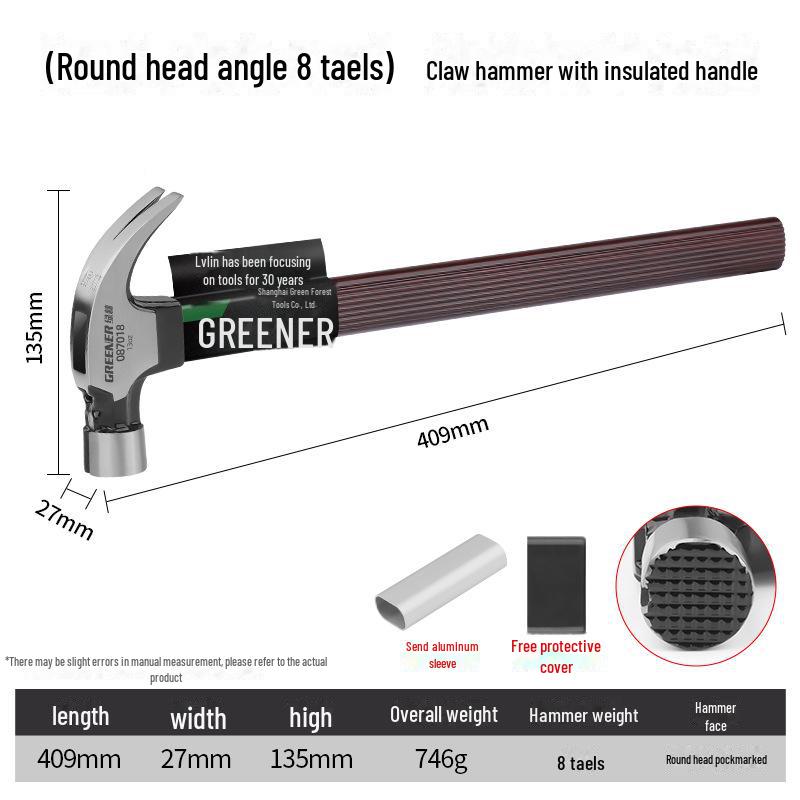 Green Forest Magnetic Claw Hammer with Insulated Wooden Handle for Woodworking and Household Use