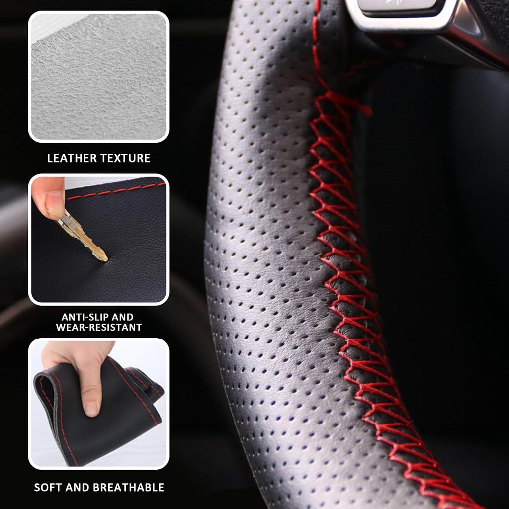 Leather Steering Wheel Cover, DIY Sewing With Needle & Thread, Breathable Anti-Slip Car Steering Wheel Protector, Universal 15 Inch Auto Steering