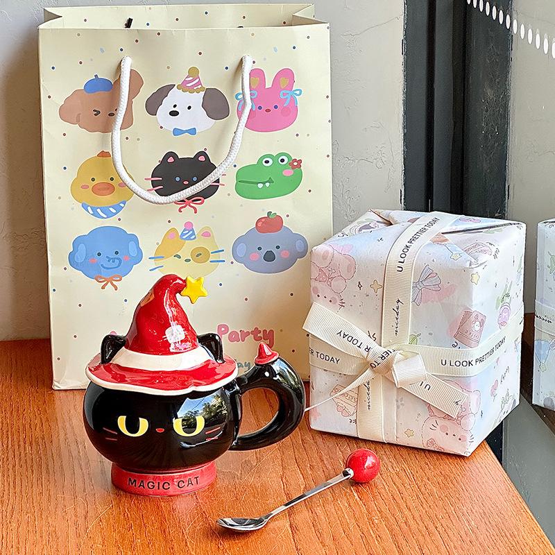 Creative Halloween gift magic hat cat ceramic mug with lid for girls practical mug souvenir gift box