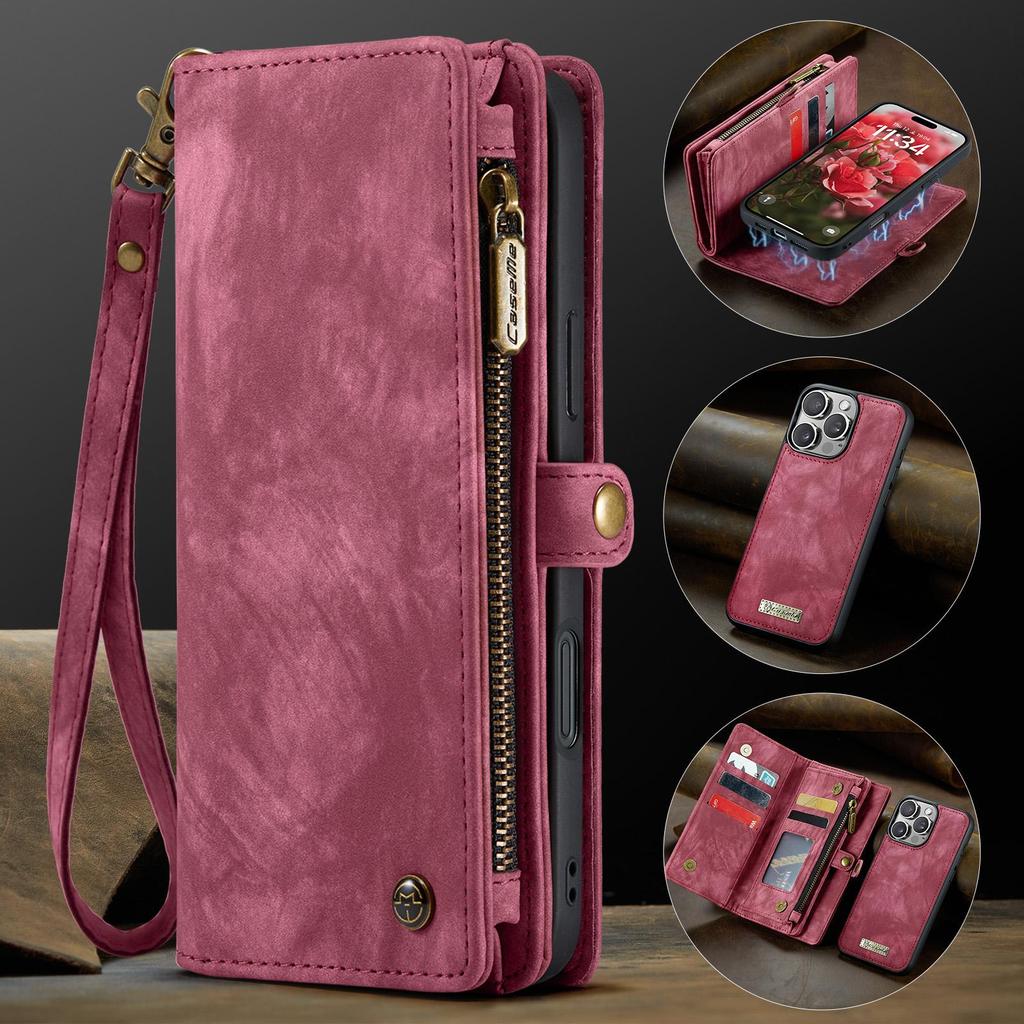 CaseMe-008 For iPhone 16 Pro Max Removable 2-in-1 Zipper Wrise Strap Multi-functional Wallet Case Card Slots Phone Cover