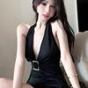 Be careful with the inner battle skirt, deep V-neck lace-up neck dress, women's pure desire sexy backless streamer hip-wrapped short skirt