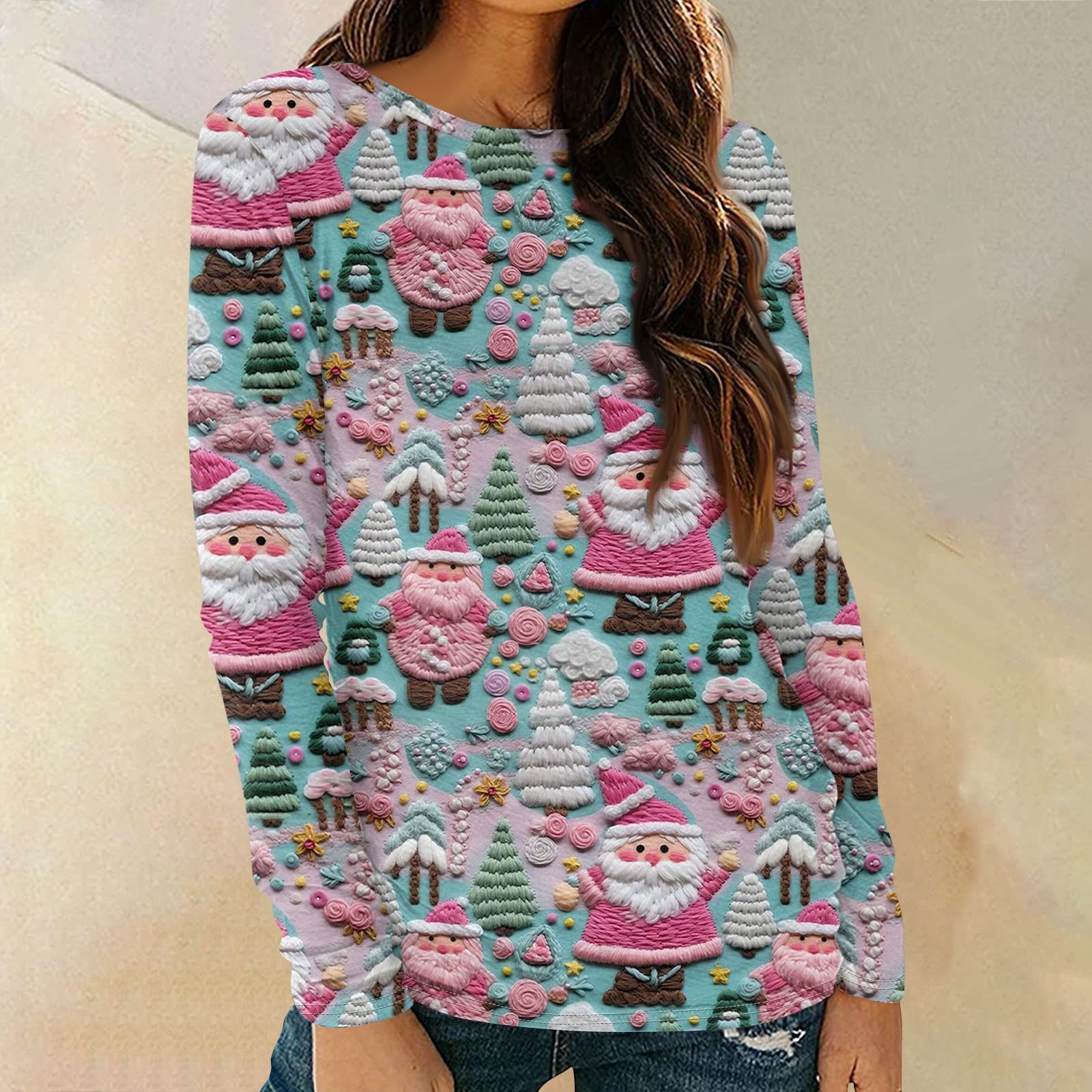 

Женские рубашки с длинным рукавом и круглым вырезом, повседневные топы, туники с рождественским принтом, свободные футболки L