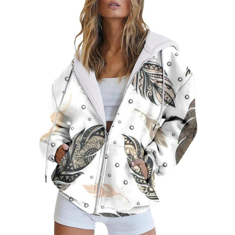 Womens Oversized Hooded Zip-Up Sweatshirt With 3D Digital Print Casual Loose Fit Winter