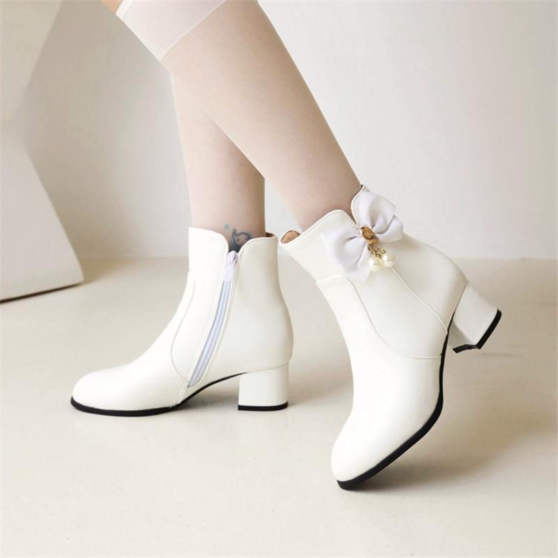 Sweet Bow Girls Ankle Boots Lolita Shoes Women Round Toe Autumn Winter High Heels Zip Shoes Thick Heel Fashion Women Boots 32-43