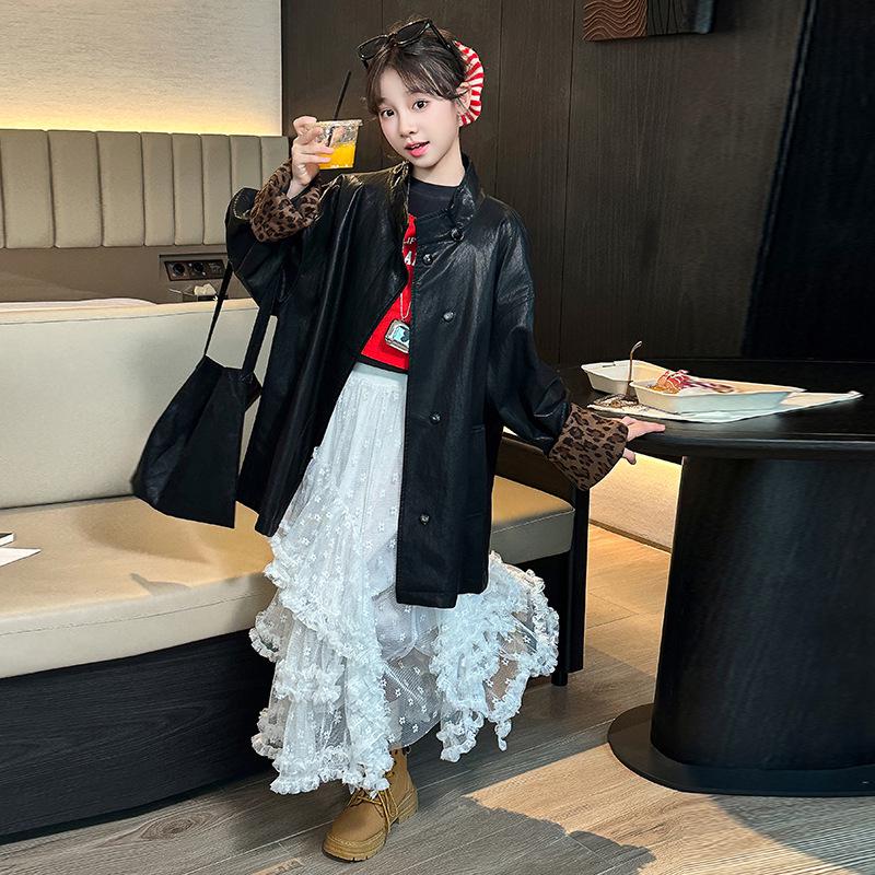 

Стильная кожаная куртка для девочек - Осенне-весенний топ средней длины для подростков 150 cm чёрный