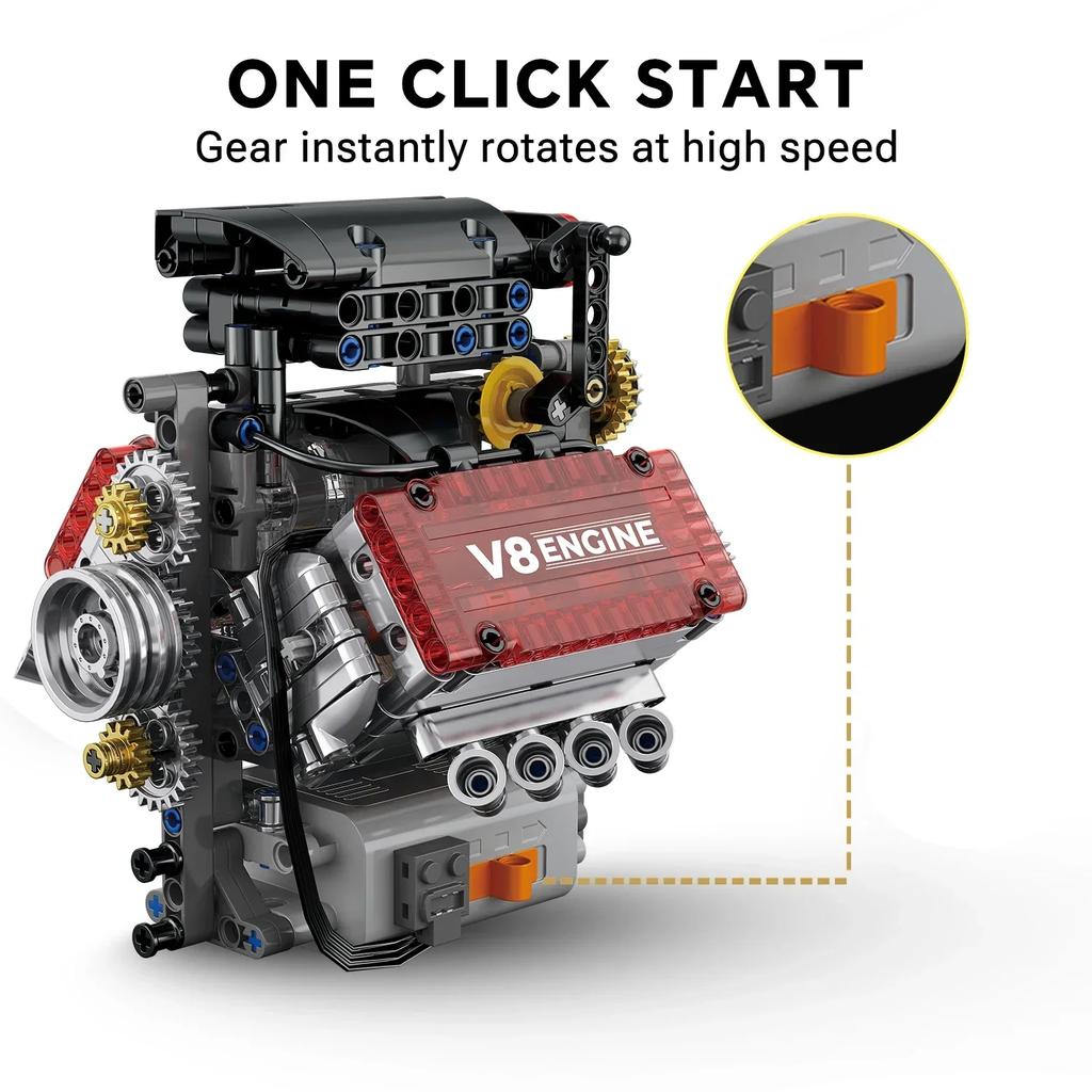 478PCS Motorized V8 Engine Building Blocks Set with L Motor AA Battery Box - DIY Simulation Model Car Parts for Kids Adults Gift