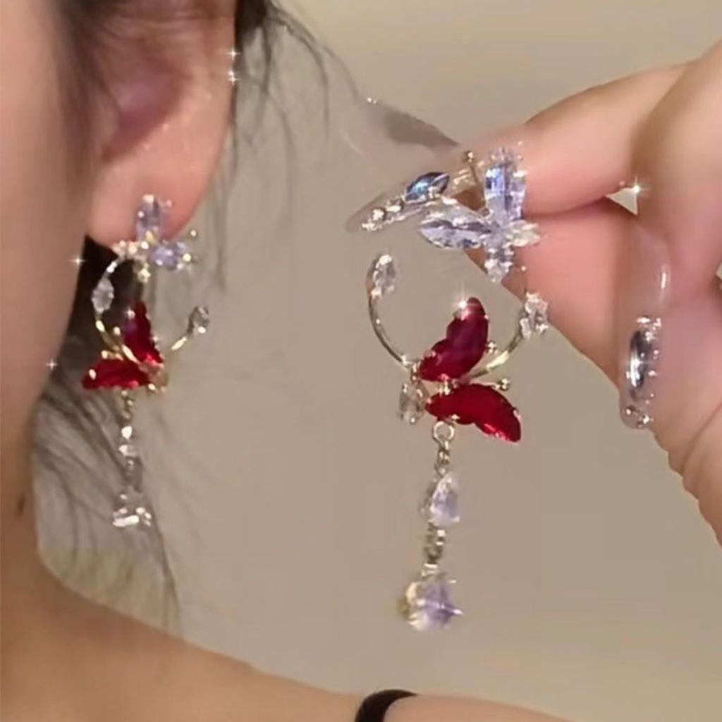 Elegant Red Zircon Butterfly Drop Earrings For Women Temperament Lovely Imitation Pearl Animal Tassel Earring Fashion Jewelry