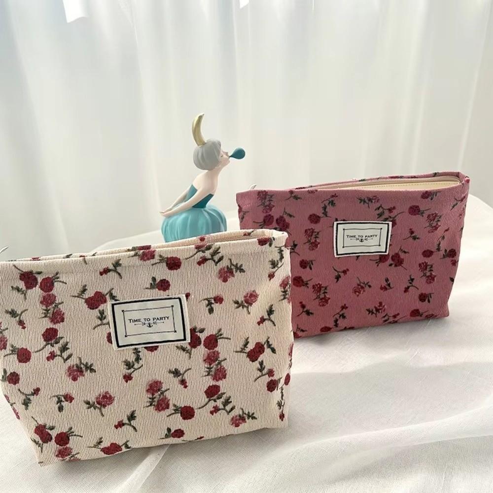 Retro Corduroy Kosmetiktasche Blume Große Kapazität Kulturtasche Handgehalten Make-up Tasche Beauty Aufbewahrung