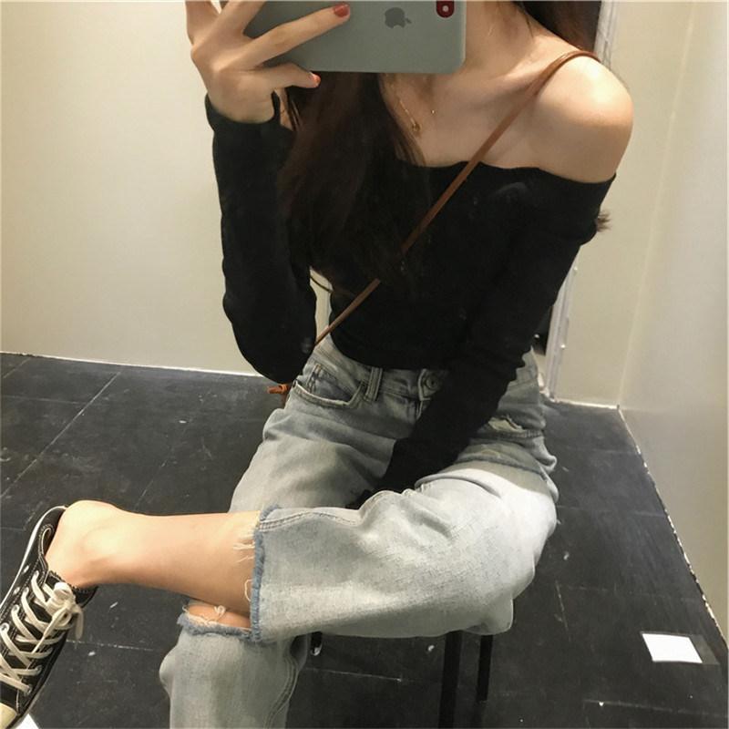 Haut fileté à une épaule pour femme Automne Nouveau T-shirt court Fille chaude Haut à manches longues pour superposer