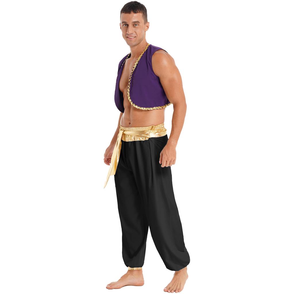 Mens Arabian Prince Costume Halloween Cosplay Fancy Outfits Waistcoat with Bloomers Pants