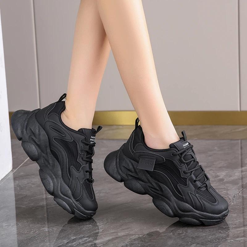 Women New Fashion Platform Sport Shoes Women 2025 New Summer Black Casual Chunky Sneakers Women Mesh Leather Platform Shoes