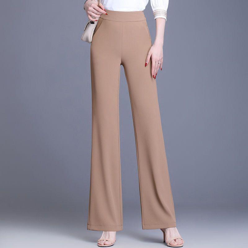 Simplicity Office Lady Summer Pants Women Solid Color Elastic Waist Pockets High Waist Fashion Slim Straight Casual Flare Pants