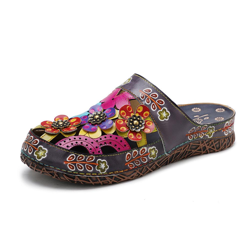 Johnature Pantoufles Femmes Chaussures En Cuir Véritable Peint À La Main À L'extérieur Diapositives À La Main Fleur Sandales Plates