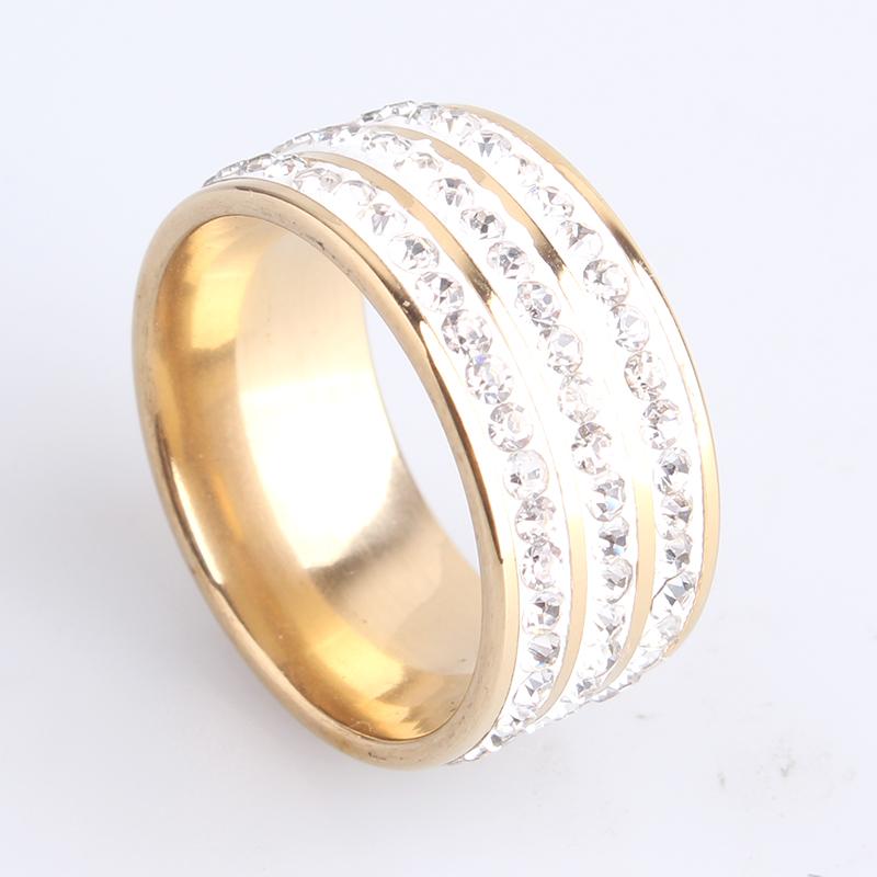 9mm Gold Color Clay Three Row Crystal Stainless Steel Wedding Rings for Men Women