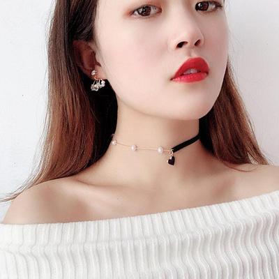 Lovely Black Red Heart Mini Asymmetry Chain Pearl Necklace Women Wedding Jewelry
