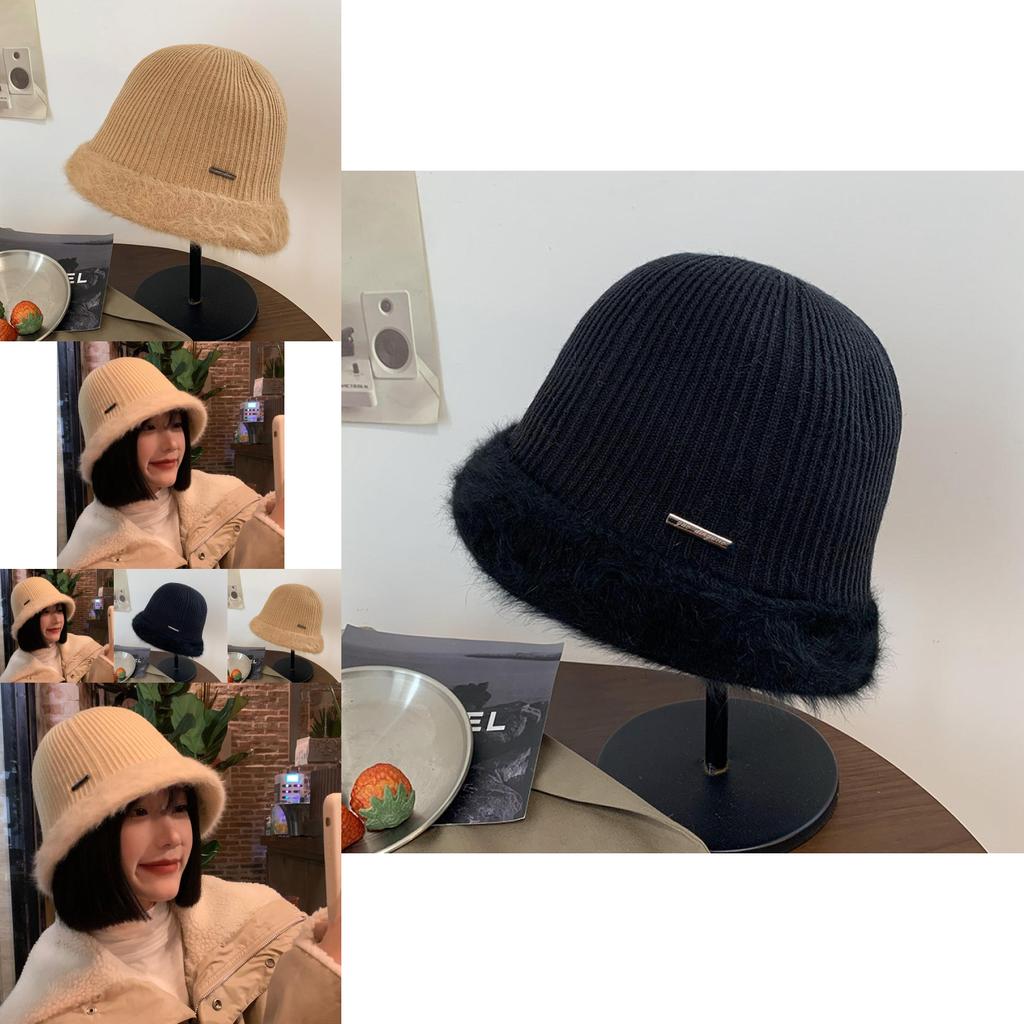 Stylish Warm Fluffy Bucket Hat For Women Winter Cotton Knit Large Brim Fashion
