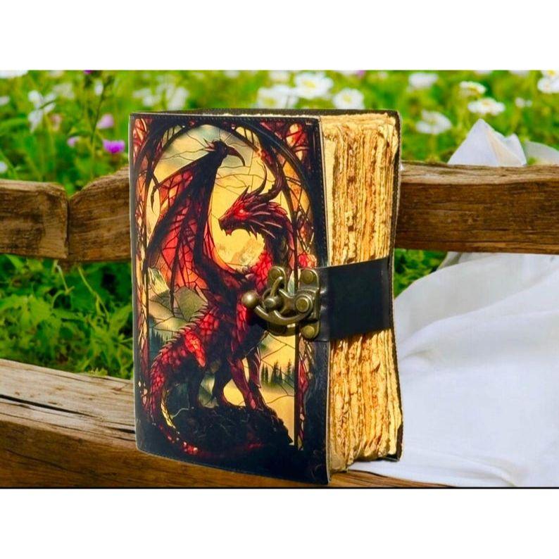 

400 страниц - Кожаный журнал-гримуар дракона, блокнот для женщин - Толстый журнал ручной работы, блокнот из бумаги ручной работы с неровными краями для подарка 7 x 5 in