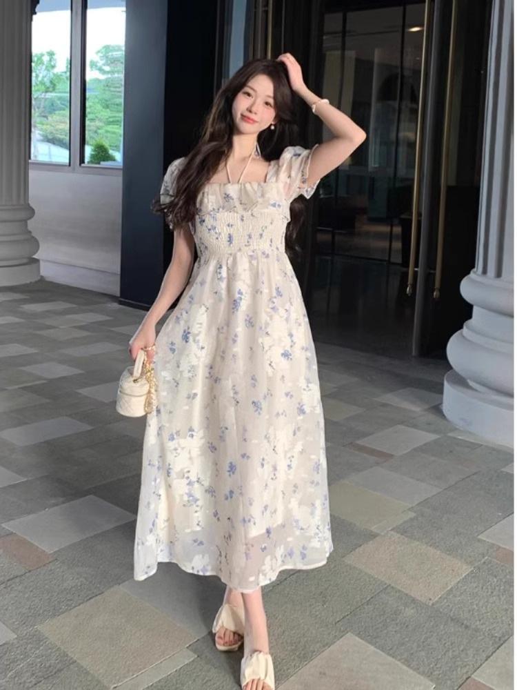 French Square Neck Bubble Sleeve Dress 2026 Summer New Style Waist Thin Jacquard Dress Mori