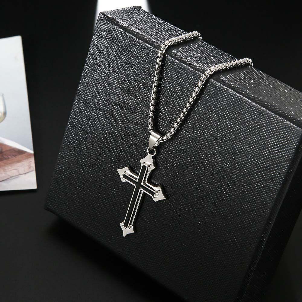 Gothic Party Gifts Minimalism Black Silver Color Stainless Steel Cross Pendants Clavicle Chains Men Necklaces Cross Necklaces
